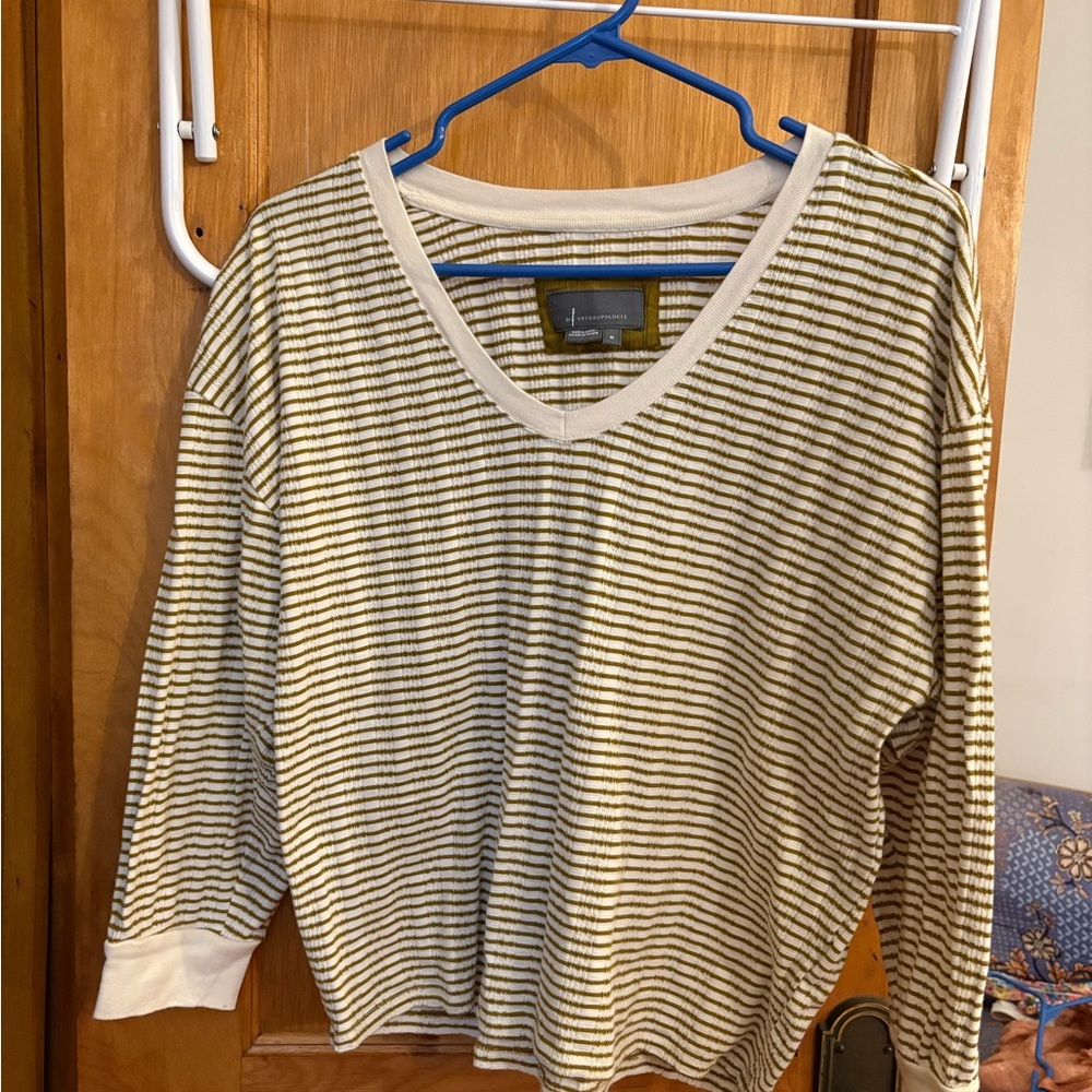 Anthropologie Olive and Cream Striped Top